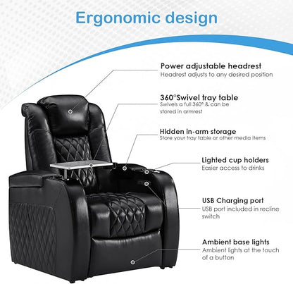 Weilianda Home Theater Seating Top Grain Leather Zero Gravity Recliner Chair Power Headrest Recline Movie Seat Gaming 7 Colors Mood Light Sofa with Tray Table USB Charge Row of 6 Black