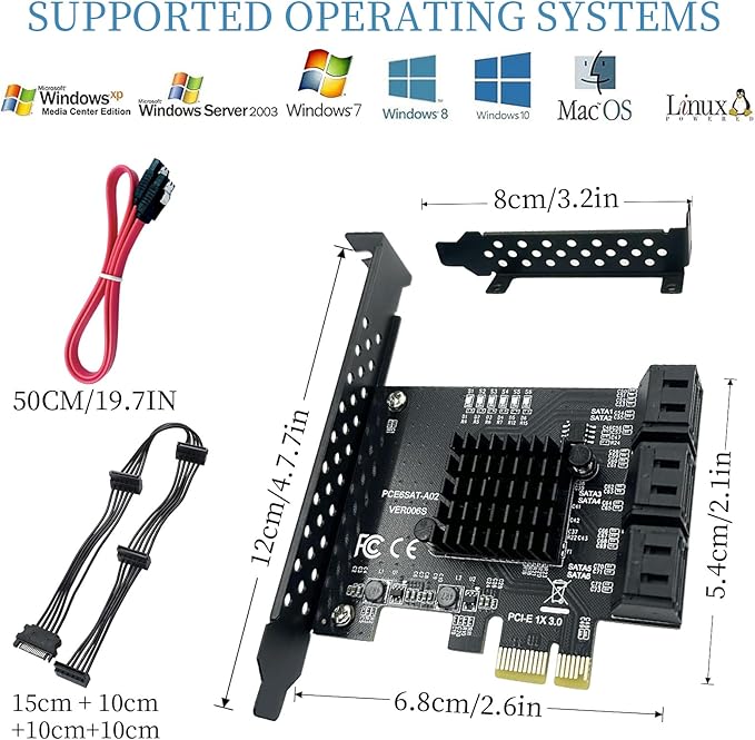 PCI-E 1X to SATA 3.0 Controller Card, 6-Port SATA III 6Gbps Expansion Card Supports PCI-Express (1x/4x/8x/16x) Slots Compatible with SSDs and HDDs, for Windows/XP/MAC/Linux Systems