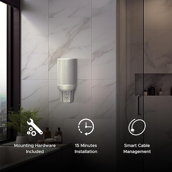 Sound Bass ERA100 Shelf Wall Outlet AC, White, Home, Compatible with Sonos ERA 100, Plug Mount Organizer, Bathroom, Kitchen, Bedrooms, Cord Management, Easy Installation, Mounting Kit Included