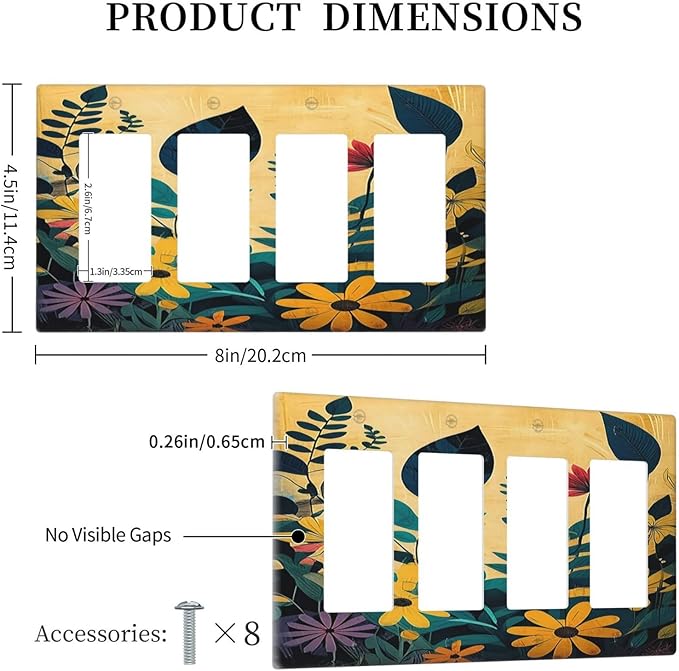 Abstract Minimalist Floral Botanical Boho Flower 4 Gang Wall Plates Outlet Covers Quad Rocker Light Switch Cover Plate Decorative Switch Plates GFCI Electrical Faceplate 4.5 X 8 IN