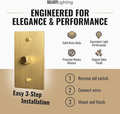 1-Gang Satin Solid Brass Rotary Dimmer Switch, 15A 120V AC Wall Mount, TRIAC/Leading Edge 1-Way Compatible, Dimmable LED Light Control with Knob, Faceplate & Dimming Module