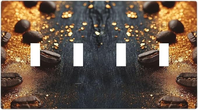 Decorative Light Switch Cover Plate Black Wood Board Gold Dust Coffee Beans 4 Gang Wall Plate Oversized Quad Toggle Switch Cover Plate Jumbo Face Plate for Home Decor