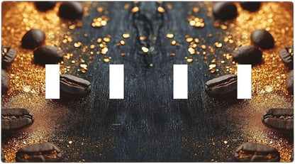 Decorative Light Switch Cover Plate Black Wood Board Gold Dust Coffee Beans 4 Gang Wall Plate Oversized Quad Toggle Switch Cover Plate Jumbo Face Plate for Home Decor