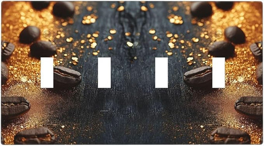 Decorative Light Switch Cover Plate Black Wood Board Gold Dust Coffee Beans 4 Gang Wall Plate Oversized Quad Toggle Switch Cover Plate Jumbo Face Plate for Home Decor