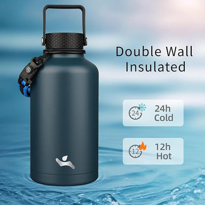 Half Gallon Insulated Water Bottle with Straw,64 oz 3 Lids Water Jug with Carrying Bag,Paracord Handle,Double Wall Vacuum Stainless Steel Metal Flask,Navy Blue