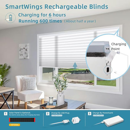 SmartWings Motorized Cellular Shades with Remote, Customized Electric Cordles Honeycomb Blinds Compatible with Alexa/Homekit/Google for Windows, 80% Blackout Double Cell White