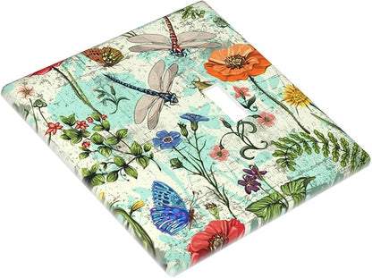 Dragonflies Flowers Butterfly 2 Gang 1 Toggle 1 Blank Outlet Light Switch Cover Decorative Wall Plate Cover For Home Living Bedroom Kitchen Decorative