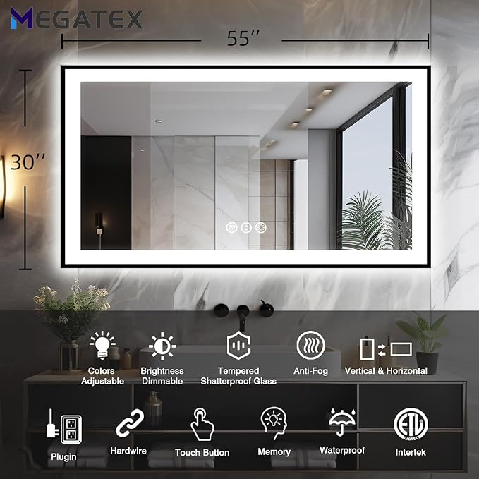 55x30 Light up Bathroom Mirror,LED Vanity Mirror,Black Framed,Backlit + Front Lit,3 Colors Dimmable,Anti-Fog,Shatter-Proof,Touch Control,Anti-Corrosion,Memory(Horizontal/Vertical)