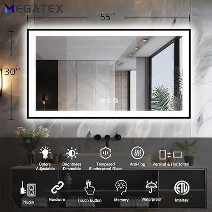 55x30 Light up Bathroom Mirror,LED Vanity Mirror,Black Framed,Backlit + Front Lit,3 Colors Dimmable,Anti-Fog,Shatter-Proof,Touch Control,Anti-Corrosion,Memory(Horizontal/Vertical)
