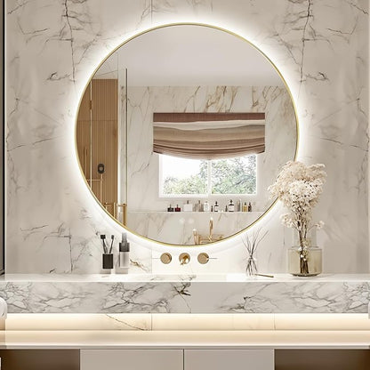 Niccy Round Led Mirror for Bathroom, 36" Backlit Mirrors for Wall Circle Lighted Mirror with Old Gold Frame Anti-Fog, 3 Colors, HD Glass and IP65 Waterproof