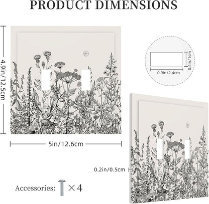 Personalized Wall Plate Decorative Light Switch Cover Black and Beige Garden Plants Flowers Double Toggle Switchplate 2 Gang Switchcovers Decora Light Switch Plate for Home Office Decor