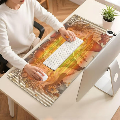 Heated Desk Pad Mouse Pad 31.5x13 Inch PU Leather Desk Mat with 3 Heat Levels Large Mouse Gaming Computer Laptop Mat Gnomes Maple Leaf