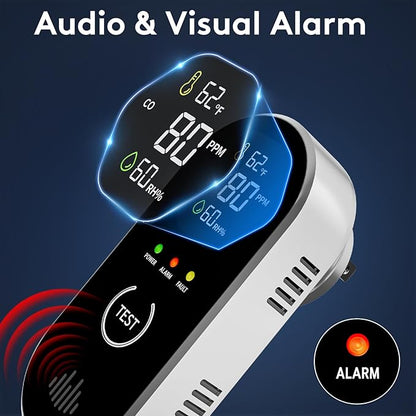 3-in-1 Carbon Monoxide Detectors with Temp & Humid, Plug in, 85dB Audible & Visual CO Alarm, LCD Digital Display, Easy to Install,Test Button, Portable for Bedroom/Office/Camper, Gives Peace of Mind