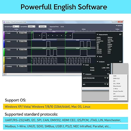 USB Logic Analyzer LA2016 16 Channel 200MHz 1G Memory with English PC Software Portable High Speed Supports I2C SPI CAN UART for Windows MacOS Linux
