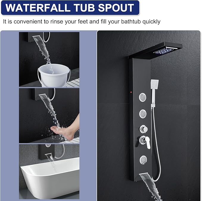 ROVATE LED Shower Panel Tower System with Rainfall Waterfall Shower, Black Shower Tower with Jets and Rainfall and Handheld, 5 in 1 Stainless Steel Shower Column High Pressure with Tub Spout