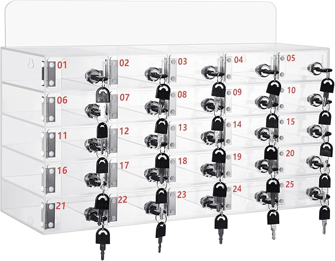 Threan 25 Slot Cell Phone Storage Box, Clear Cell Phone Storage Cabinet Wall Mounted, Including Door Locks and Keys for Office School Factory Classroom Students Staff