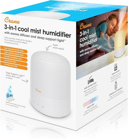 Crane Top Fill Mini Humidifier for Bedroom and Nursery 3-In-1 Essential Oil Diffuser Sleep Light 0.5 Gallon Baby Humidifier
