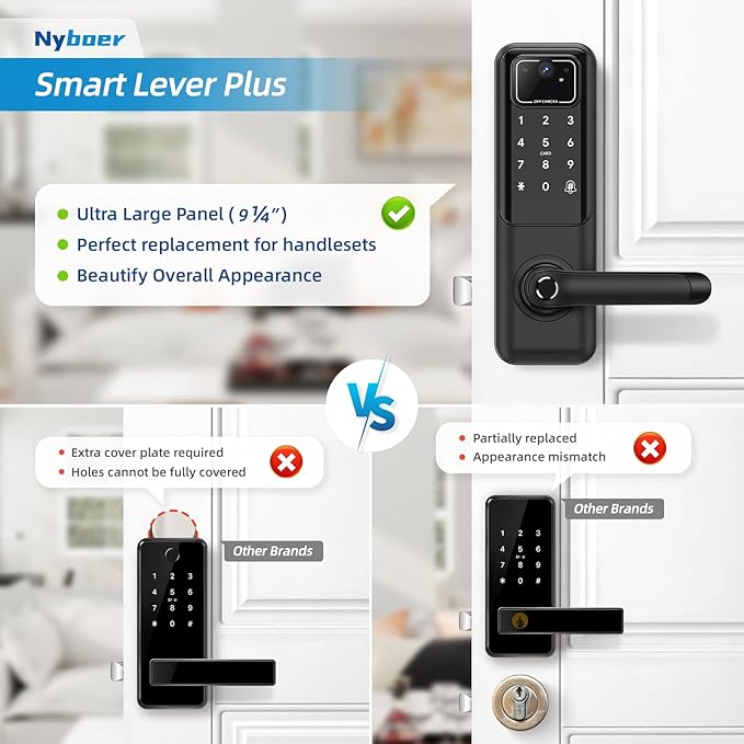 WiFi Video Smart Door Lock with Camera & Doorbell, Keyless Entry Fingerprint Lock with Handle for Front Door, Nyboer Keypad Electronic Digital with Rechargeable Lithium Battery, Easy Installation