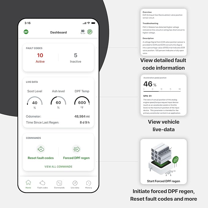 OTR Diagnostics HD Scan Tool (Updated 2025 Adapter): Forced Regen, Read & Reset Fault/P-Codes, Live Data, Bi-Directional Commands, Fault History. iOS/Android, 1-Year Subscription, Premium Support.