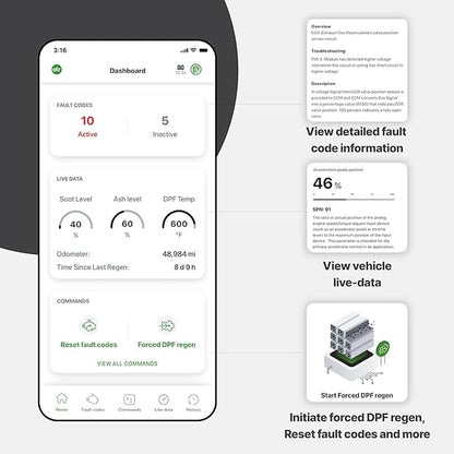 OTR Diagnostics HD Scan Tool (Updated 2025 Adapter): Forced Regen, Read & Reset Fault/P-Codes, Live Data, Bi-Directional Commands, Fault History. iOS/Android, 1-Year Subscription, Premium Support.