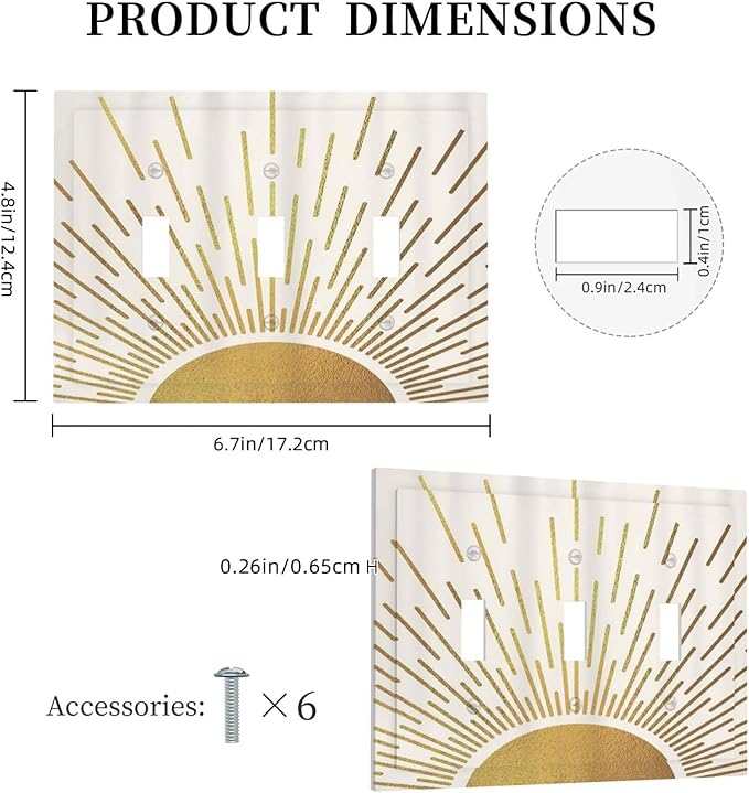 Decorative Light Switch Cover Plate Boho Mid Century Gold Sun Sunbeams 3 Gang Wall Plates for Electrical Outlets Triple Toggle Switch Plate Covers Outlet Covers Faceplate for Home Decor