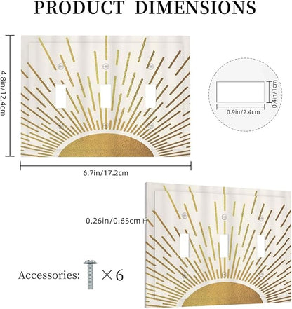 Decorative Light Switch Cover Plate Boho Mid Century Gold Sun Sunbeams 3 Gang Wall Plates for Electrical Outlets Triple Toggle Switch Plate Covers Outlet Covers Faceplate for Home Decor