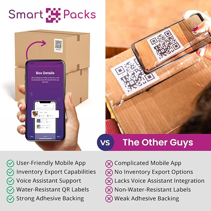 SmartPacks QR Stickers - Premium Smart Labels for Storage Bins | Advanced Pack and Track Labels with QR Code for Inventory, Storage, Moving | 48 Stickers