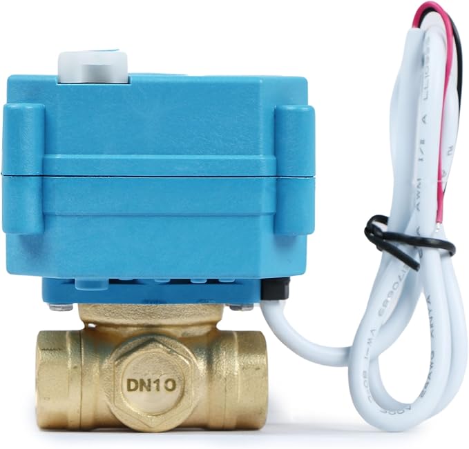 U.S. Solid 3/8" 3 Way Brass Motorized Ball Valve 110-230VAC, L Type Water Shutoff Valve with Manual Function, Standard Port, NOT for Drinking Water