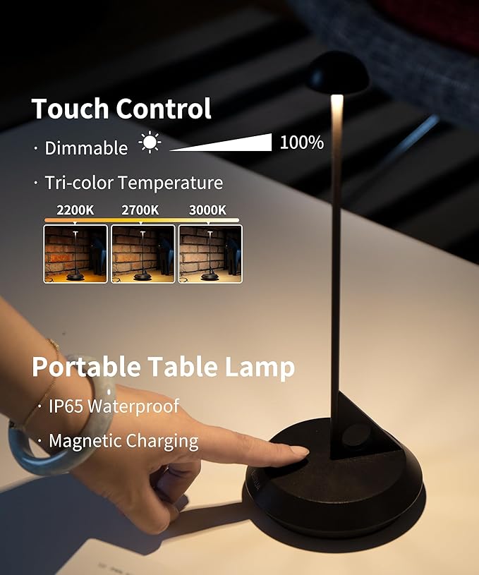 Cordless Table Lamp - LUME, Geometric Aesthetics, Magnetic Charging, Dimmable & Adjustable Lighting, IP65 - Portable Rechargeable LED Lamp for HoReCa, Bedroom, Living Room, Outdoor Use (Black)