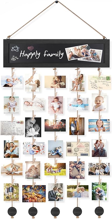 Bikoney Picture Frames Collage Wall Decor Photo Hanging Display Picture Board Wood Rustic Frames for Home Dorm Room Decor with Blackboard and 30 Clips Vintage Black