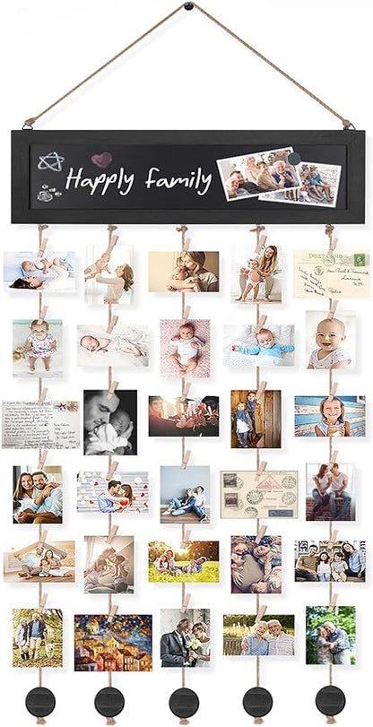 Bikoney Picture Frames Collage Wall Decor Photo Hanging Display Picture Board Wood Rustic Frames for Home Dorm Room Decor with Blackboard and 30 Clips Vintage Black