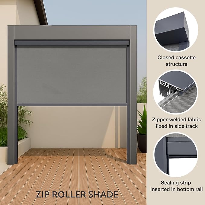 ZSHINE Hard-Wired Outdoor Snow Blocking Weatherproof Motorized Patio Roller Shades Remote Control for Porch Balcony Customized Size (Light Grey 1% Openness)