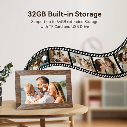 10.1 Inch Digital Picture Frame with 32GB Storage, WiFi Digital Photo Frame 1280x800 HD IPS Touchscreen, Easy Setup for Photo & Video Sharing via Free App, Brown Wood Grain