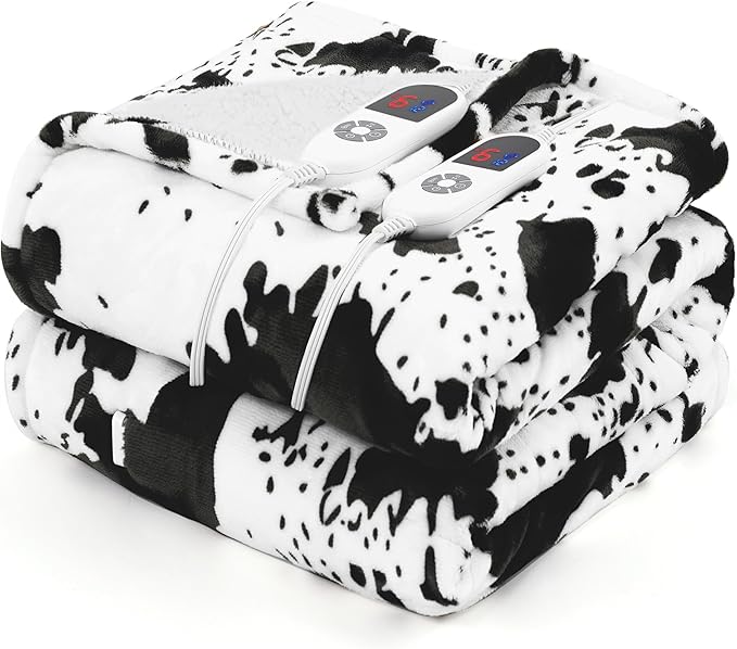 Electric Blanket Queen Size, Dual Control Heated Blanket with 6 Heat Settings, 1-12H Timer, Soft Sherpa & Flannel, Machine Washable, Black Cow Print, 84" x 90"