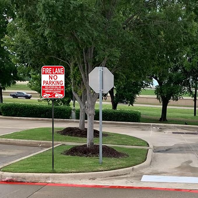 Fire Lane No Parking Sign with 54 Inch Metal Stakes, Red, Aluminum, 10x14 Inches, Reflective, Weather-Resistant, 2 Pack