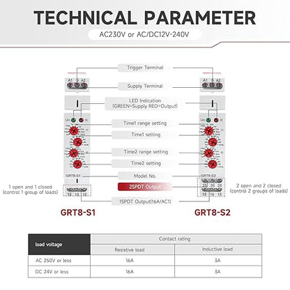 Asymmetric Cycle Timer Relay 2SPDT AC 230V 16A Long or Short Period Repeat Cycle Tntermittent Timer Electronic Relay in Din Rail (GRT8-S2 AC 230V)