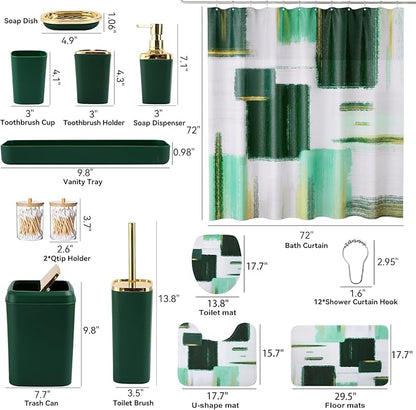 Bathroom Set - Dark Green and Gold Bathroom Accessories Set, Bathroom Sets with Shower Curtain and Rugs, Green Shower Curtain Set with Bathroom Trash Can, Soap Dispenser, Soap Dish for Home