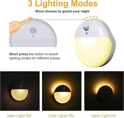 2 Pack Motion Sensor Night Light, Gold Yellow, 3 Lighting Modes, Stepless Dimming, Battery-Powered, Dimmable LED, Suitable for Bedroom, Bathroom, Stairs, Corridors, Closets