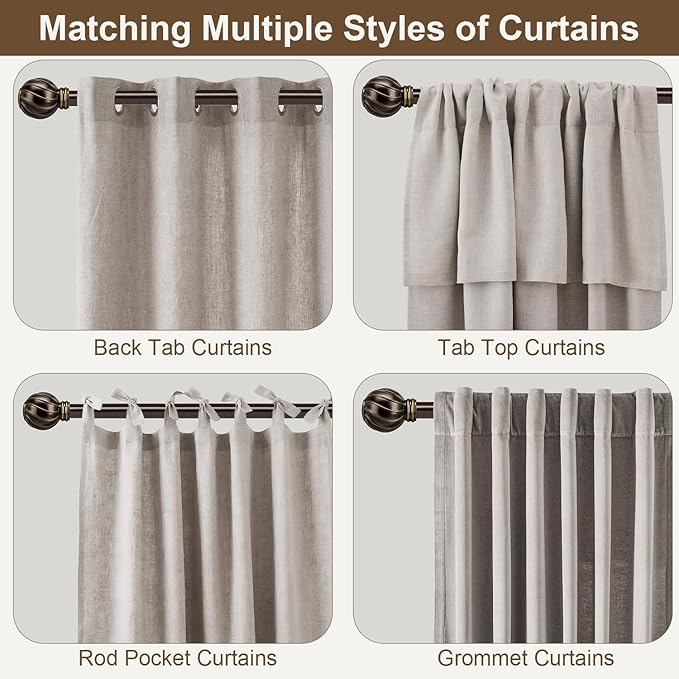 Brown Curtain Rods for Windows 66 to 120 Inch Long Adjustable Window Curtain Rod 7/8" Diamete Heavy Duty with Decorative Finials for Farmhouse Bedroom Living Room Kitchen Outdoor