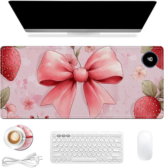 Heated Mouse Pad 31.5x13 in 3-Temp Fast Heating Desk Mat with Auto Timer Warmer for Hands Wrist Pain Relief Waterproof Keyboard Mat for Office, Gaming, Home, Pink Bow Floral