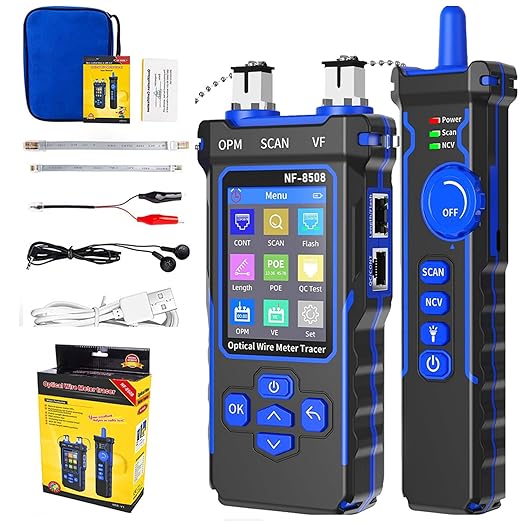 YILTION NF-8508 Network Cable Tester with Optical Power Meter VFL, RJ11 RJ45/PoE Tester/CAT5 CAT6/length Measurement, Telephone line Trace Meter with Headset, Network Tools