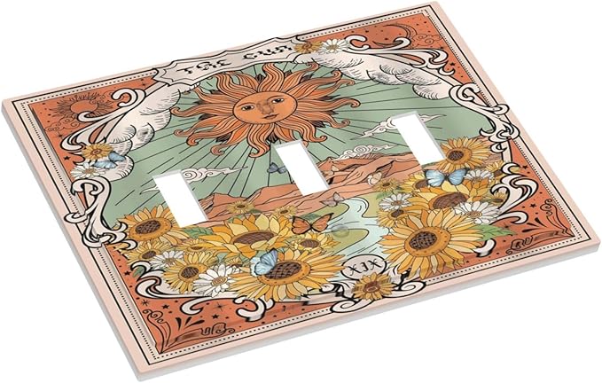 Boho Retro Sun Sunflower Vintage Flower Butterfly Decorative Switch Plates 3 Gang Wall Plate Triple Toggle Light Switch Cover Faceplate Electrical Wall Panels for Farmhouse Home Decor