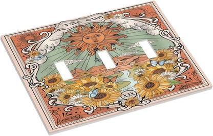 Boho Retro Sun Sunflower Vintage Flower Butterfly Decorative Switch Plates 3 Gang Wall Plate Triple Toggle Light Switch Cover Faceplate Electrical Wall Panels for Farmhouse Home Decor