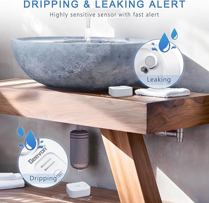 Geevon 2 Pack Water Leak Detectors for Home, 100dB Loud Water Alarm Sensor Leak Detection with Drip Alert for Basements, Laundry Rooms, Kitchen, IP56 Waterproof(Battery Included)