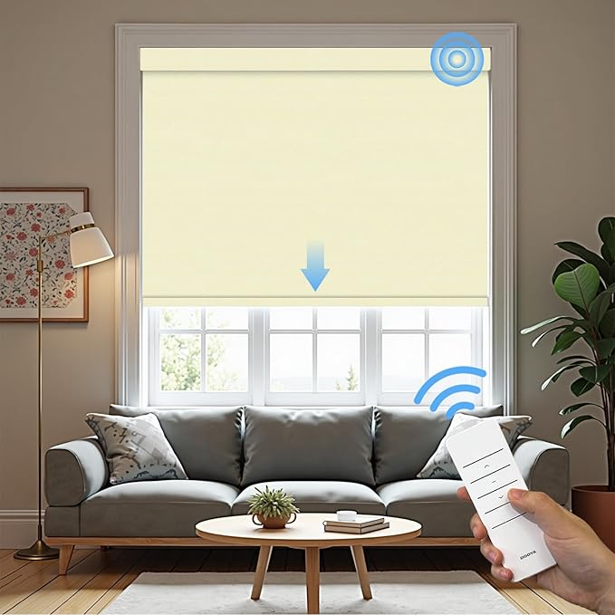 Motorized Roller Blinds with Remote, 100% Blackout Automatic Roller Shades for Bedroom, Bathroom, and Living Room, Customized Size, Creamy White