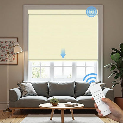 Motorized Roller Blinds with Remote, 100% Blackout Automatic Roller Shades for Bedroom, Bathroom, and Living Room, Customized Size, Creamy White