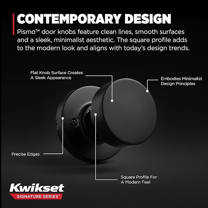 Kwikset Pismo Dummy Door Knob, Single Sided Handle for Closets, French Double Doors, and Pantry, Matte Black Non-Turning Interior Push/Pull Door Knob, with Microban Protection