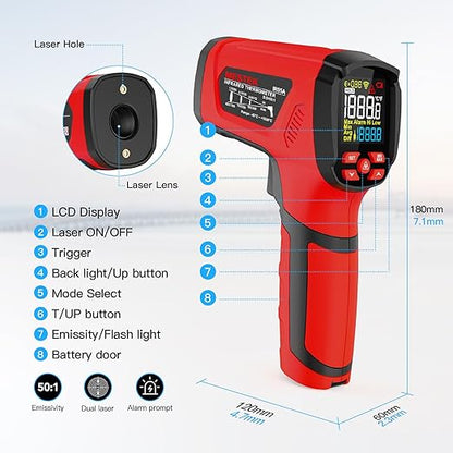 -40℉~2912℉ MESTEK Infrared Thermometer Temperature Gun,50:1 Dual Laser High Temp Thermometer with Thermocouple Probe, Non-Contact Industrial Pyrometer for Engine, Kiln, Forging, Industrial Use