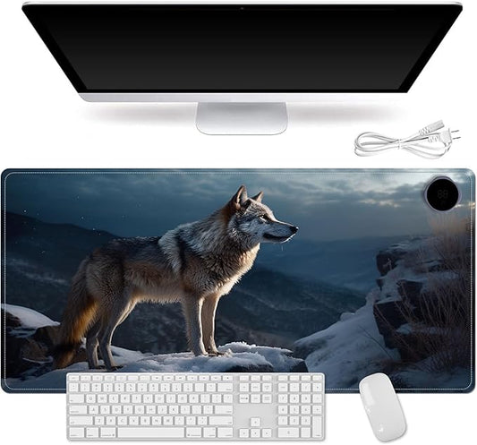 Small Heated Desk Pad 23.6" x 14.2" – Compact Electric Mouse Pad with 3 Heating Levels, Auto Shut-Off, Waterproof PU Surface, Plug-in Warmer for Office or Home Use, Lone Wolf