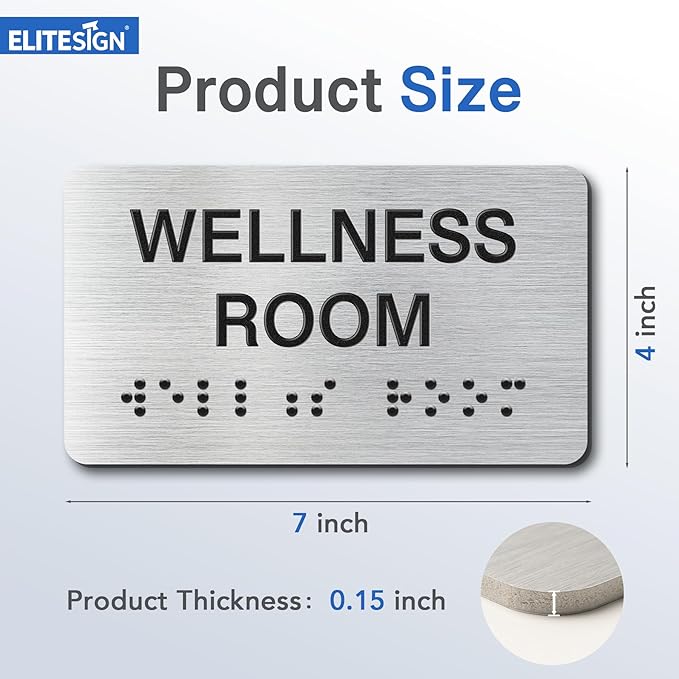 Wellness Room Signs with Raised Text & Grade 2 Braille, Brushed Aluminum/Silver Finish Easy Install with Double-Sided Tape, ADA Compliant Wellness Room Door Sign for Businesses & Offices